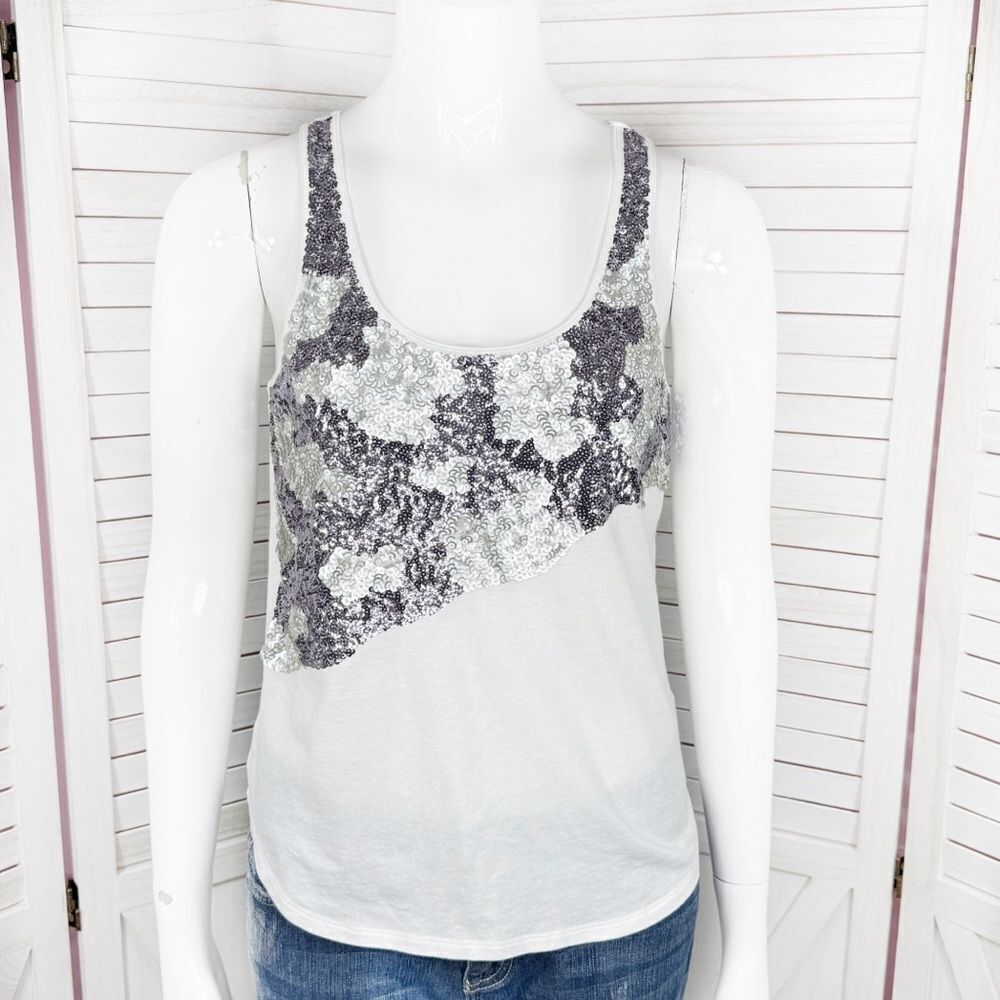 Express Y2K Going Out Sequin Front Fairy Tank Top Shirt White Purple Silver XS‎